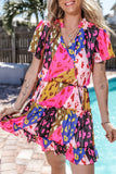 Printed Tie Neck Short Sleeve Mini Dress - Trendsi
