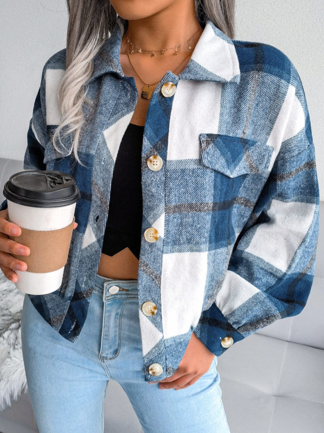 Plaid Collared Neck Long Sleeve Jacket - Trendsi