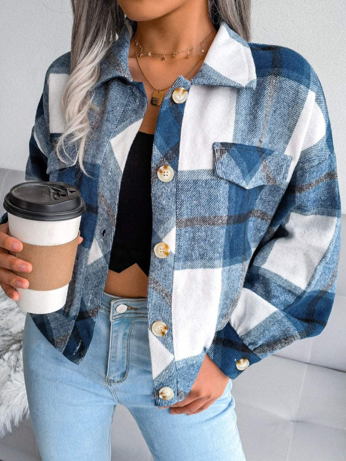 Plaid Collared Neck Long Sleeve Jacket - Trendsi - Flyclothing LLC