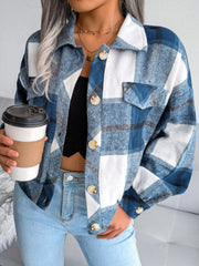Plaid Collared Neck Long Sleeve Jacket - Trendsi