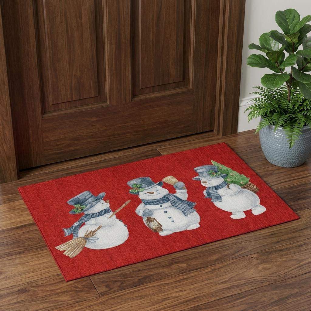 3' X 5' Red And White Christmas Snowmen Washable Area Rug With UV Protection - HomeRoots - Flyclothing LLC