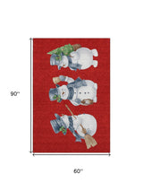 5' X 8' Red And White Christmas Snowmen Washable Area Rug With UV Protection - HomeRoots - Flyclothing LLC