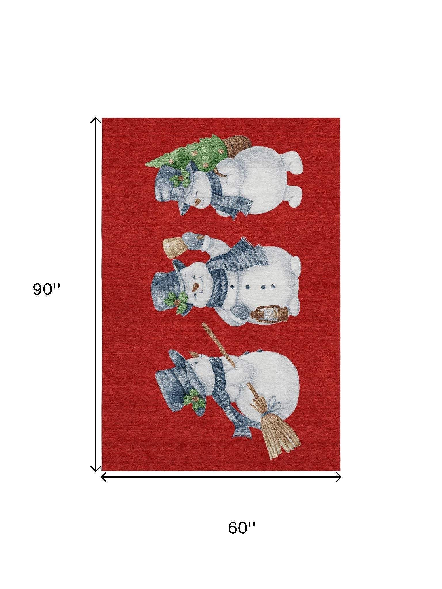 5' X 8' Red And White Christmas Snowmen Washable Area Rug With UV Protection - HomeRoots - Flyclothing LLC