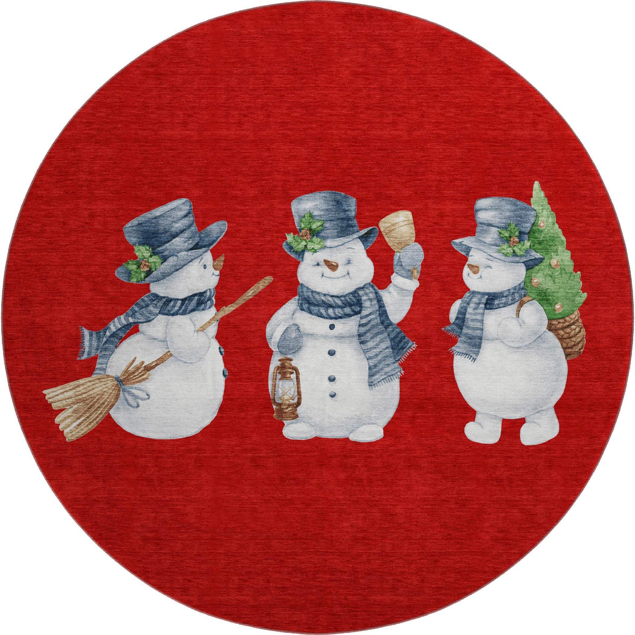 8' Red And White Christmas Snowmen Washable Round Rug With UV Protection - HomeRoots - Flyclothing LLC