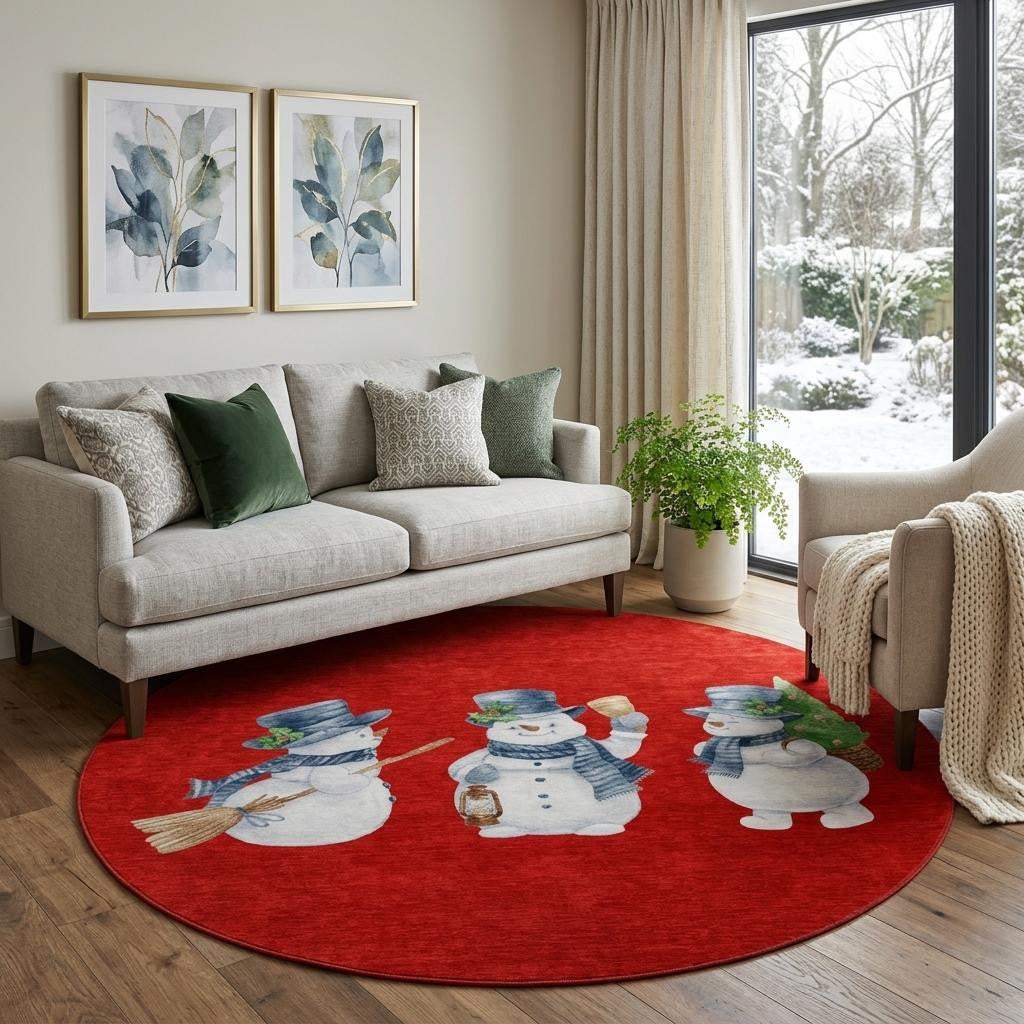 8' Red And White Christmas Snowmen Washable Round Rug With UV Protection - HomeRoots - Flyclothing LLC