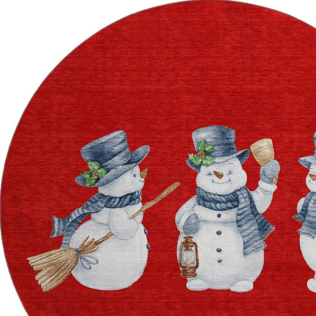 8' Red And White Christmas Snowmen Washable Round Rug With UV Protection - HomeRoots - Flyclothing LLC