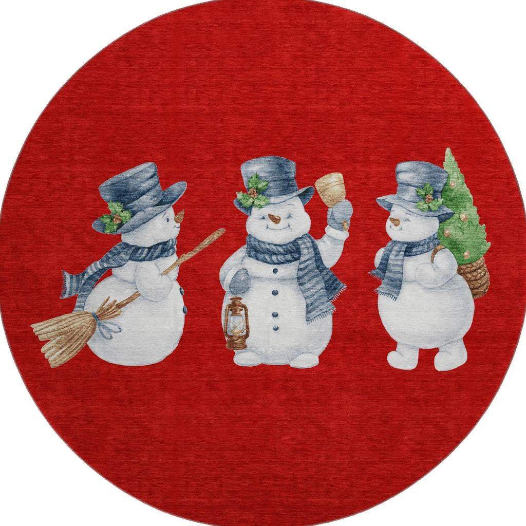 8' Red And White Christmas Snowmen Washable Round Rug With UV Protection - HomeRoots - Flyclothing LLC