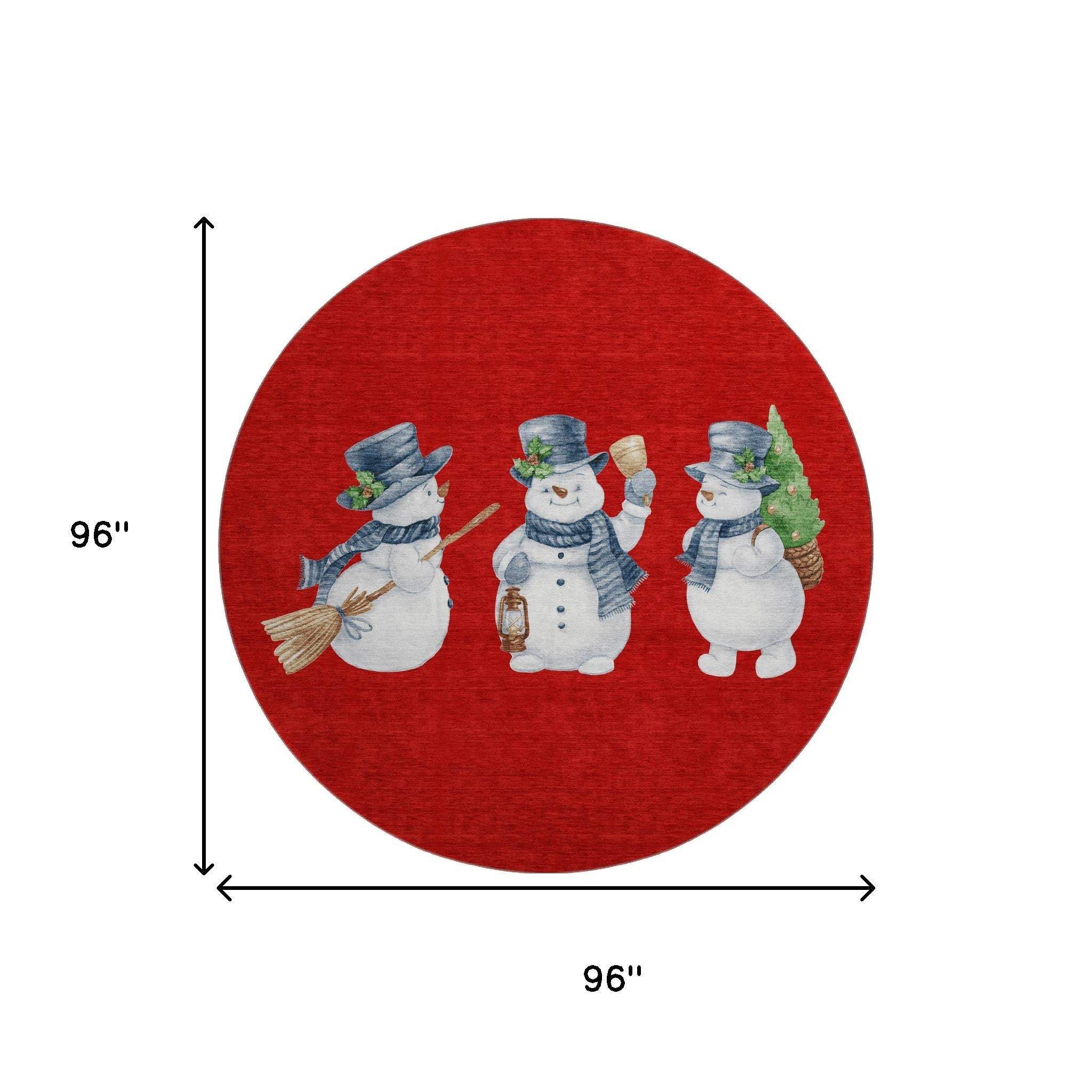 8' Red And White Christmas Snowmen Washable Round Rug With UV Protection - HomeRoots - Flyclothing LLC
