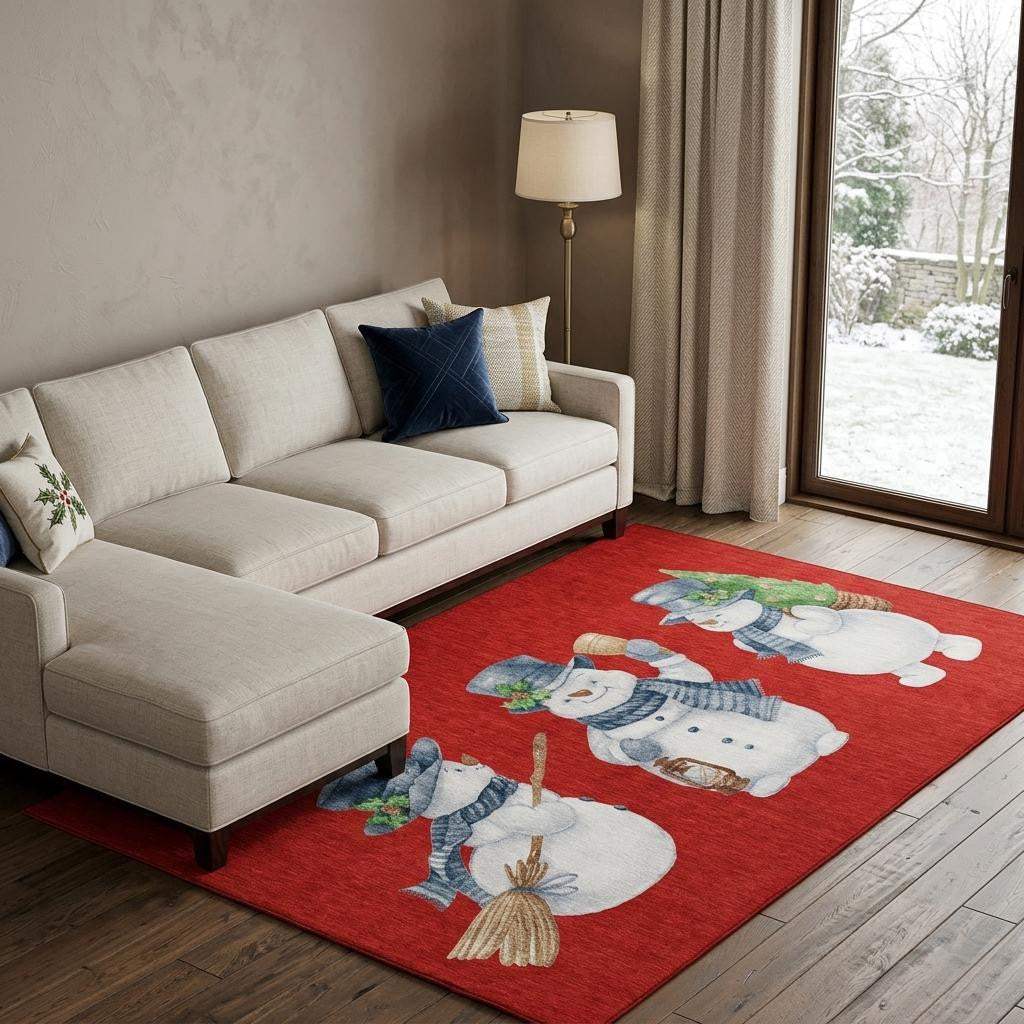 8' X 10' Red And White Christmas Snowmen Washable Area Rug With UV Protection - HomeRoots - Flyclothing LLC