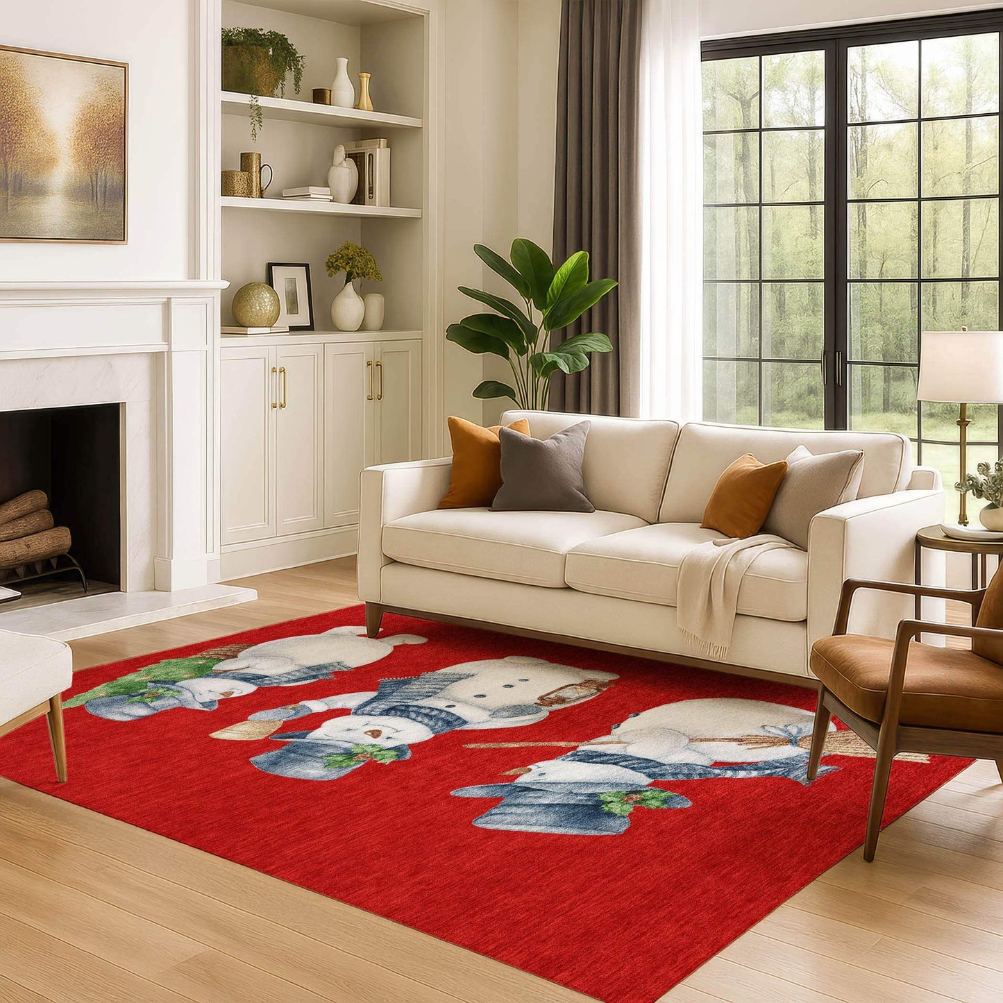 10' X 14' Red And White Christmas Snowmen Washable Area Rug With UV Protection - HomeRoots - Flyclothing LLC