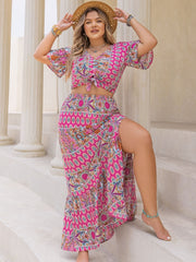 Plus Size Printed V-Neck Half Sleeve Top and Skirt Set - Trendsi