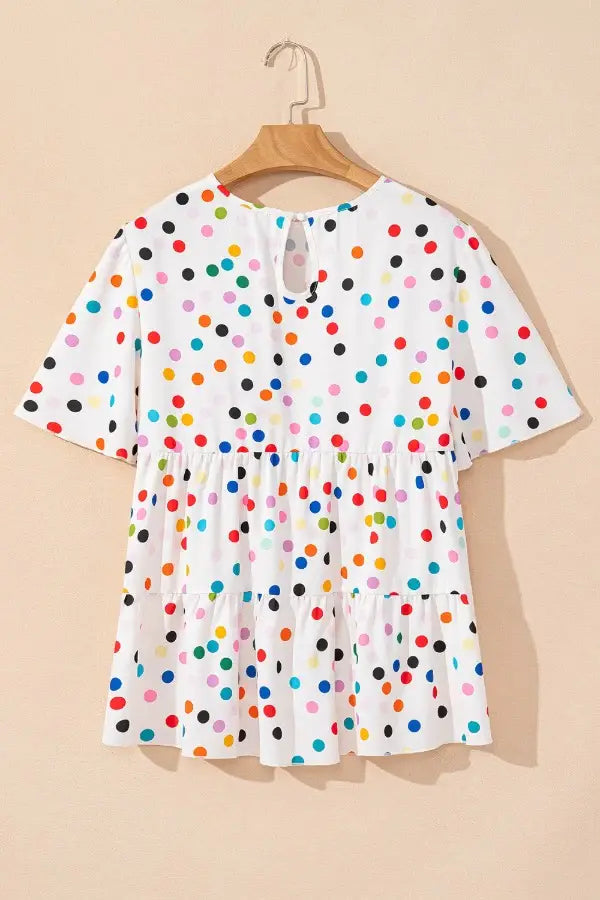 Polka Dot Short Sleeve Tiered Ruffled Babydoll Blouse - Trendsi - Flyclothing LLC
