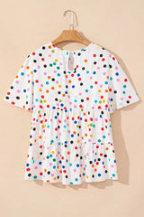 Polka Dot Short Sleeve Tiered Ruffled Babydoll Blouse - Trendsi - Flyclothing LLC