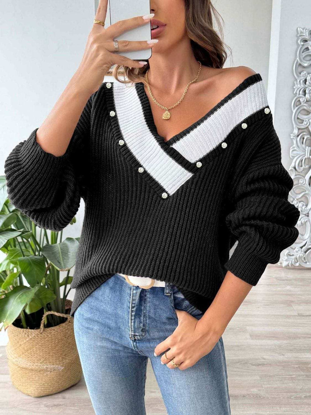 Contrast Trim Dropped Shoulder Long Sleeve Sweater - Trendsi - Flyclothing LLC