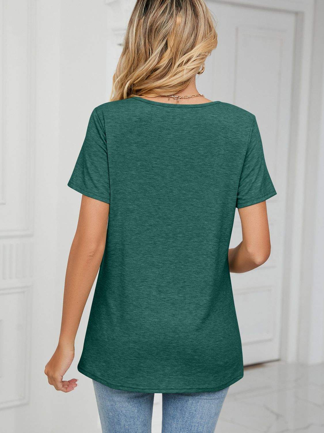 Ruched V-Neck Short Sleeve T-Shirt - Trendsi - Flyclothing LLC