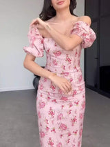 Floral Puff Sleeve Ruched Midi Dress - Trendsi - Flyclothing LLC