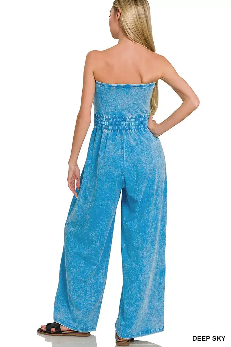 Zenana Acid Washed Strapless Tube Top Jumpsuit - Trendsi - Flyclothing LLC