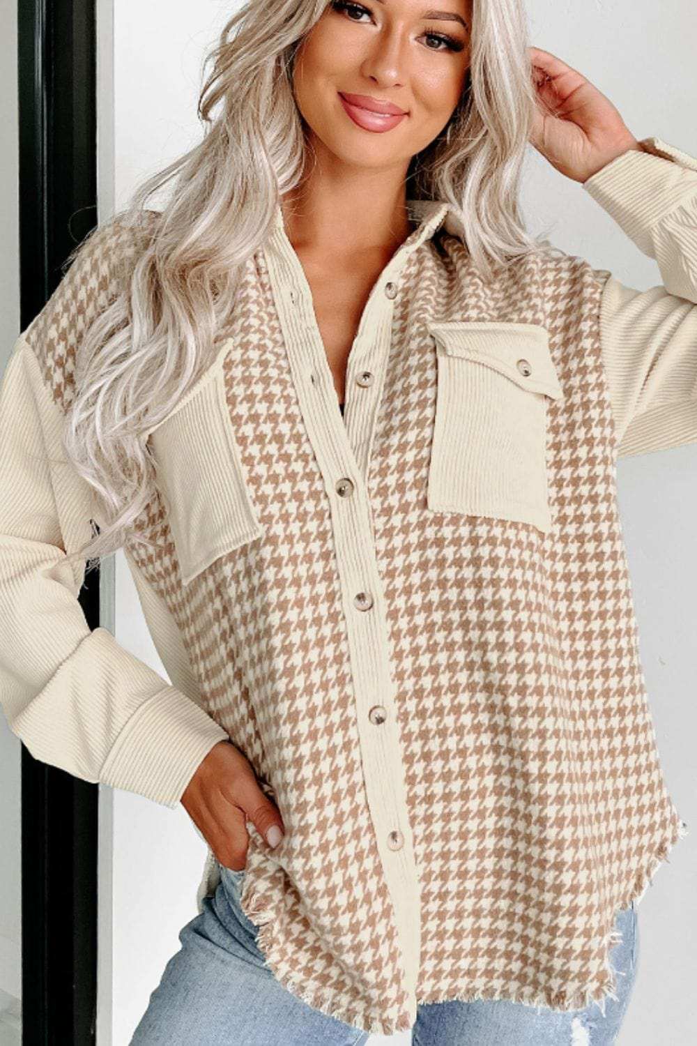 Houndstooth Button Up Long Sleeve Jacket - Trendsi - Flyclothing LLC