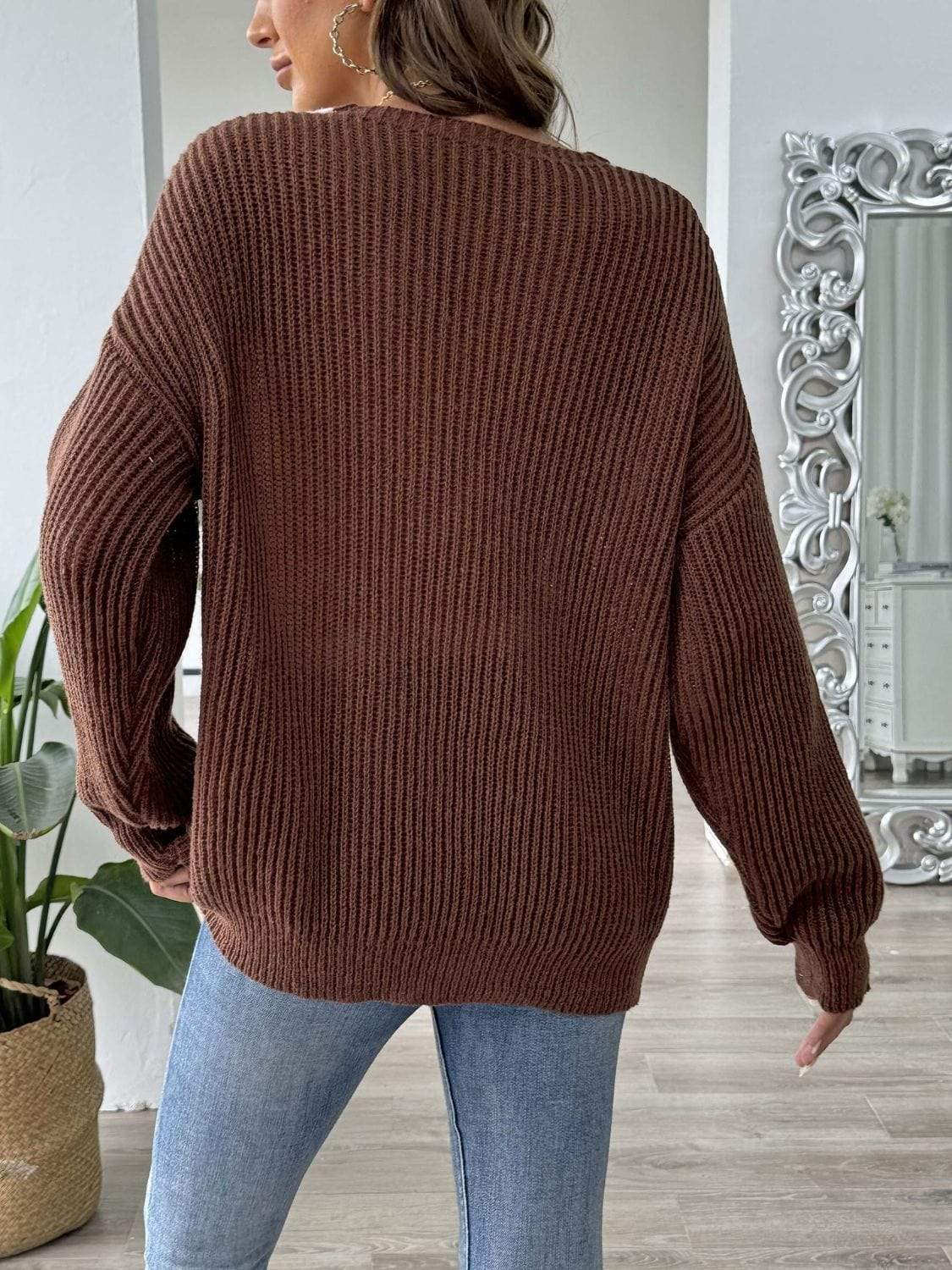 Contrast Trim Dropped Shoulder Long Sleeve Sweater - Trendsi - Flyclothing LLC