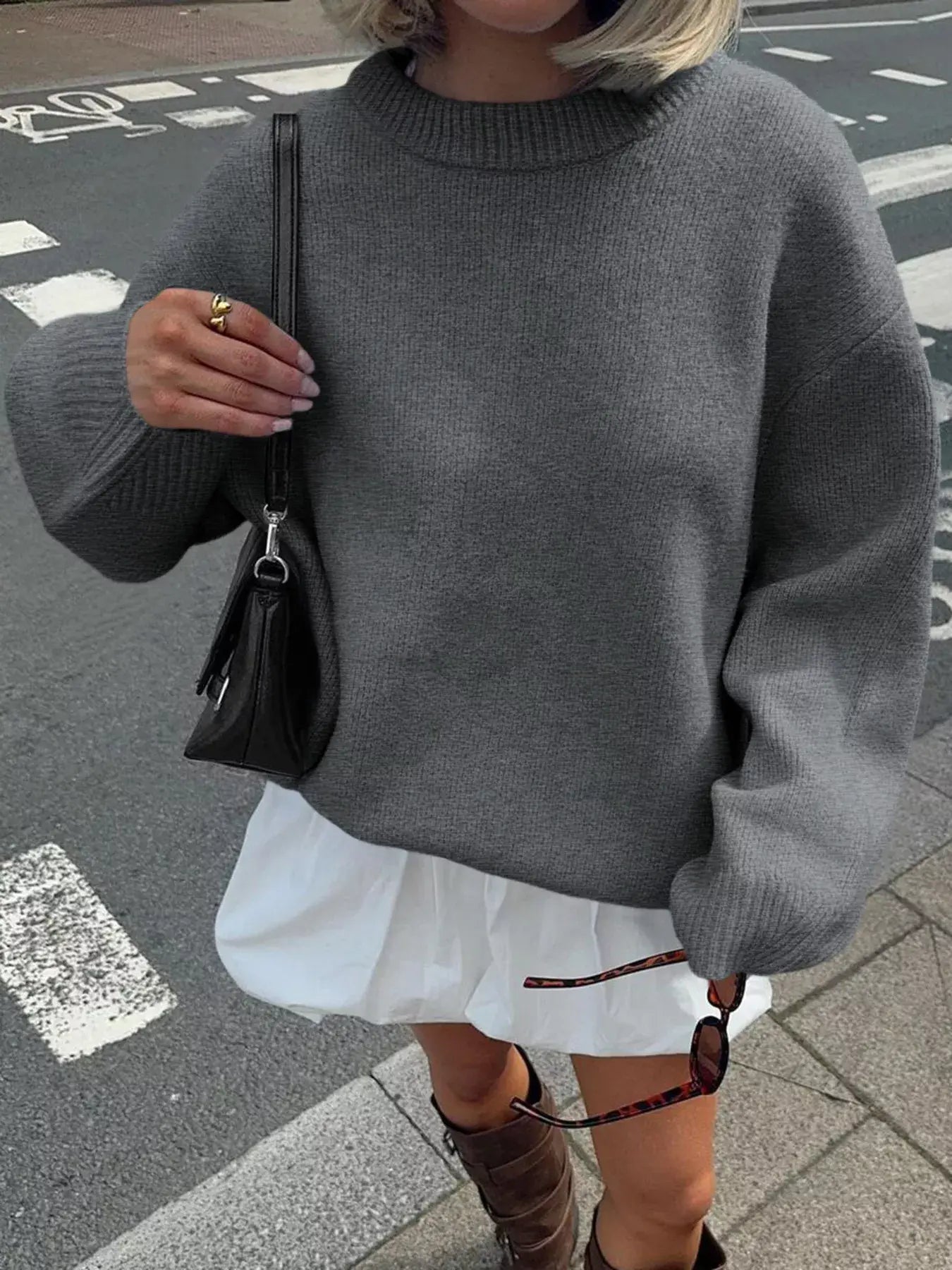 Ribbed Round Neck Dropped Shoulder Sweater - Trendsi - Flyclothing LLC