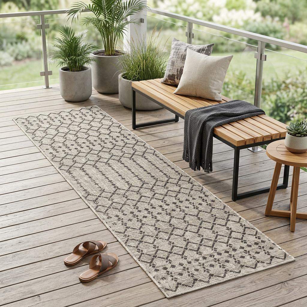 20' Light Gray And Black Trellis Indoor Outdoor Runner Rug - HomeRoots - Flyclothing LLC