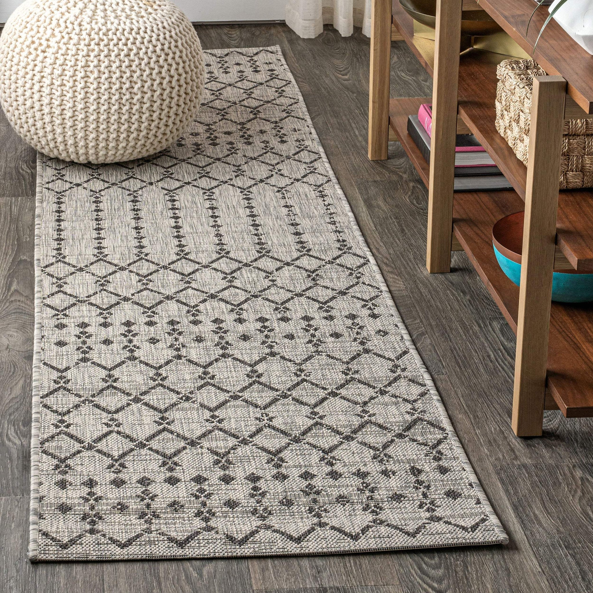 20' Light Gray And Black Trellis Indoor Outdoor Runner Rug - HomeRoots - Flyclothing LLC