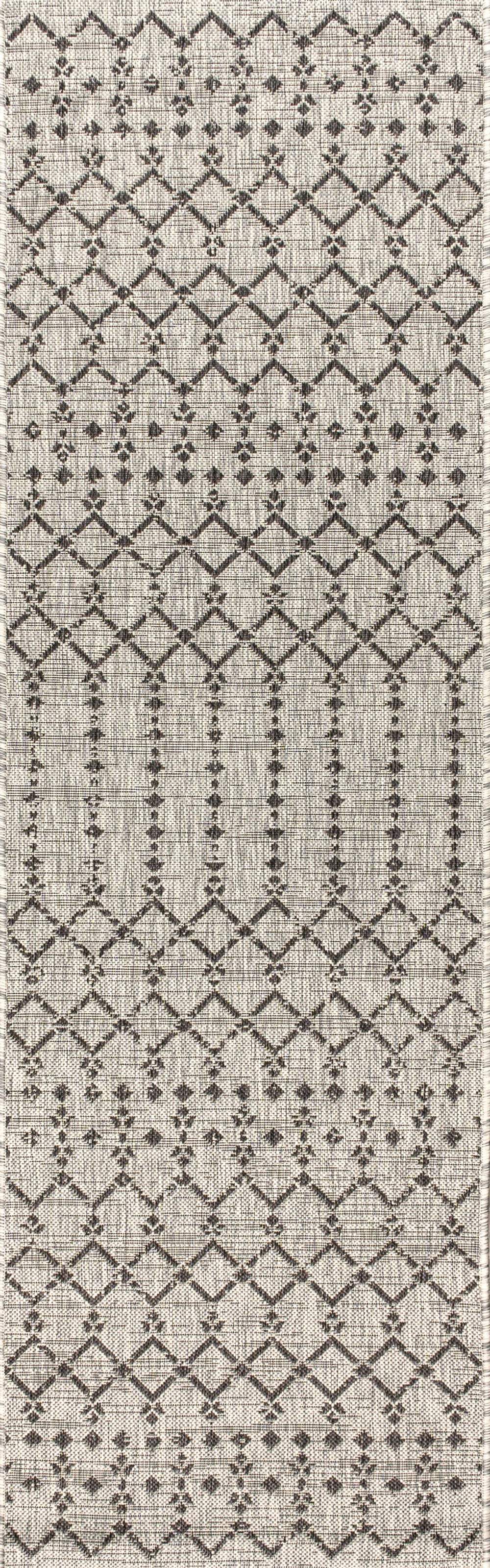 20' Light Gray And Black Trellis Indoor Outdoor Runner Rug - HomeRoots - Flyclothing LLC