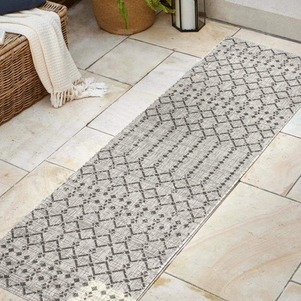 20' Light Gray And Black Trellis Indoor Outdoor Runner Rug - HomeRoots - Flyclothing LLC