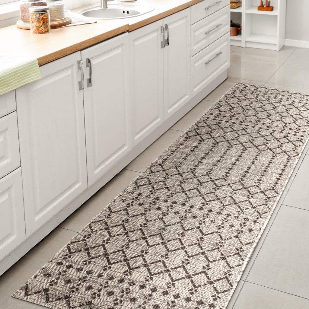 20' Light Gray And Black Trellis Indoor Outdoor Runner Rug - HomeRoots - Flyclothing LLC