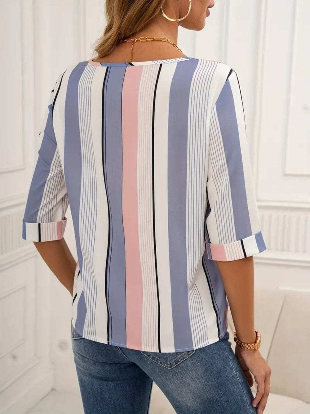 Full Size Contrast Stripes Round Neck Half Sleeve Blouse - Trendsi - Flyclothing LLC