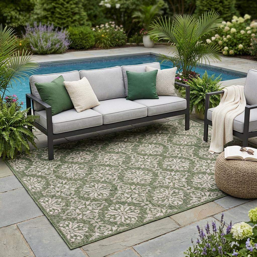 5' X 8' Green And Cream Floral Indoor Outdoor Area Rug - HomeRoots - Flyclothing LLC