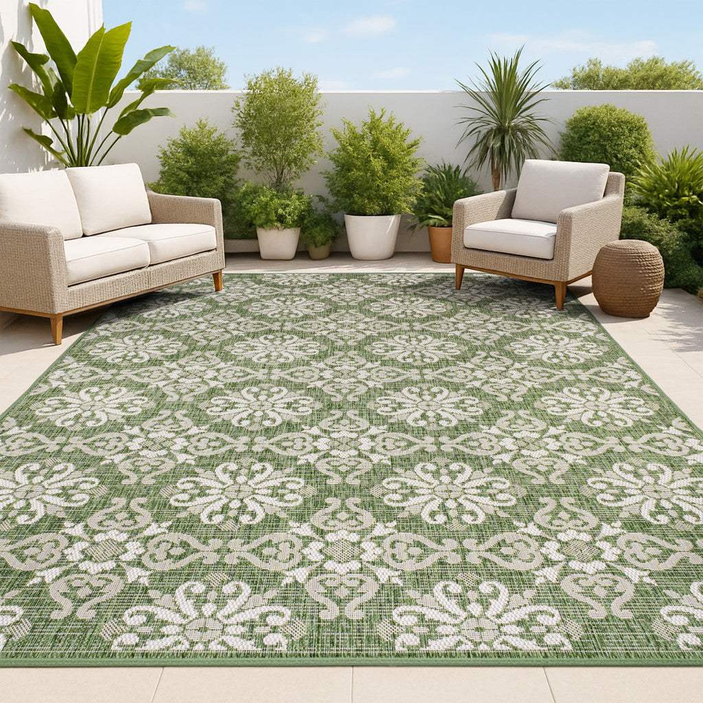5' X 8' Green And Cream Floral Indoor Outdoor Area Rug - HomeRoots - Flyclothing LLC