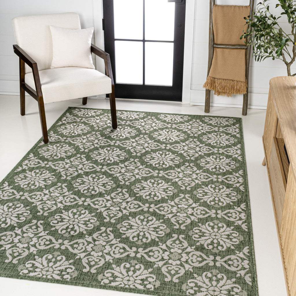 5' X 8' Green And Cream Floral Indoor Outdoor Area Rug - HomeRoots - Flyclothing LLC