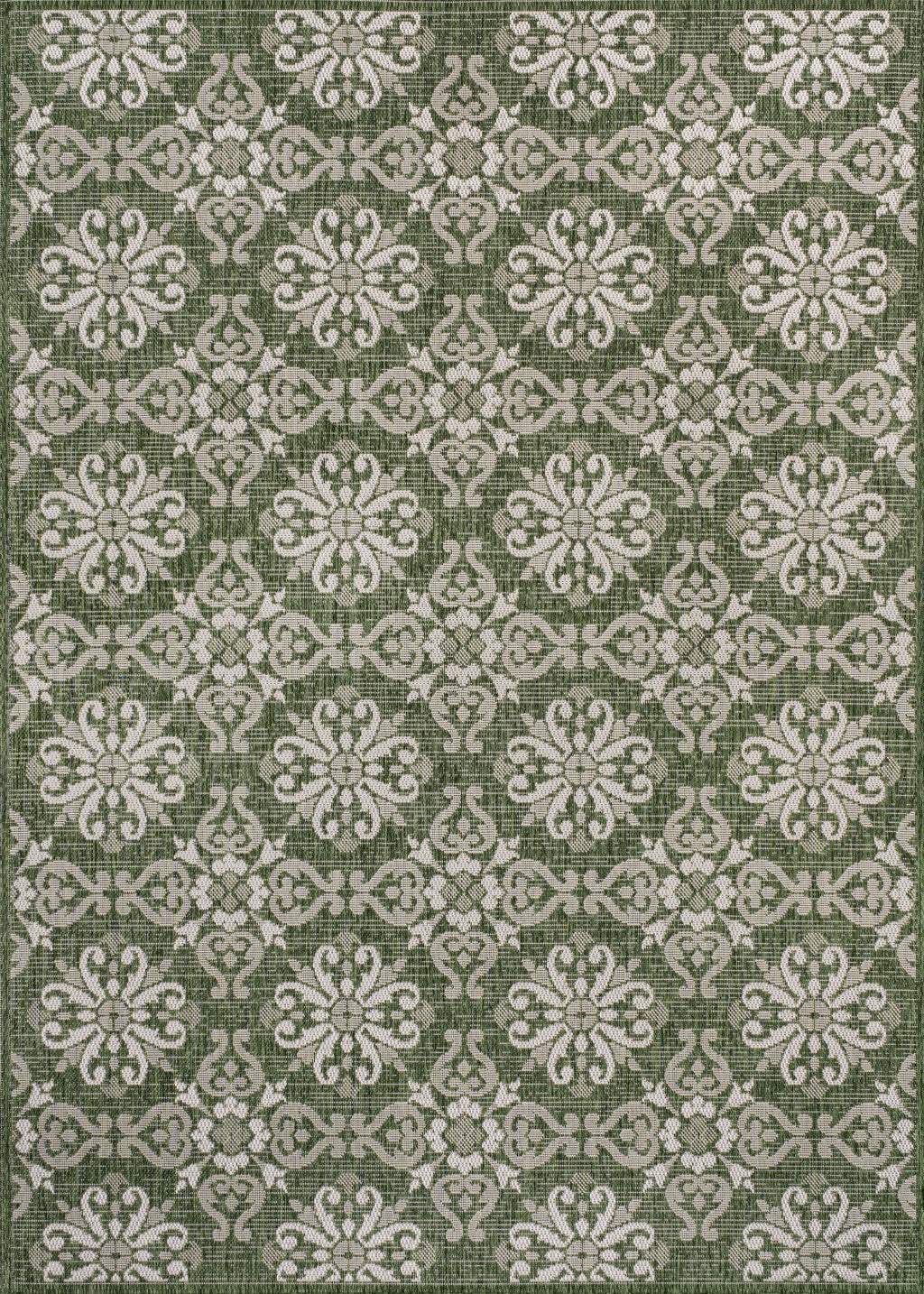 5' X 8' Green And Cream Floral Indoor Outdoor Area Rug - HomeRoots - Flyclothing LLC