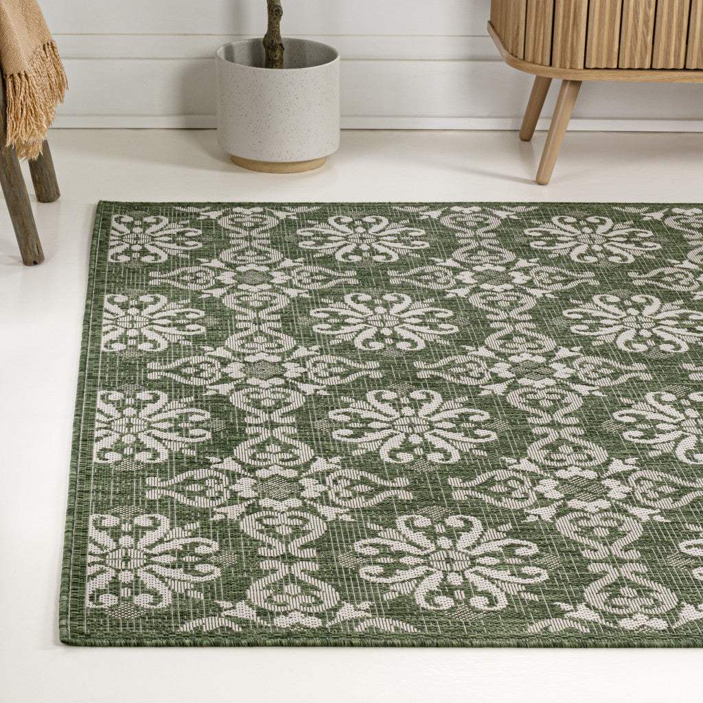 5' X 8' Green And Cream Floral Indoor Outdoor Area Rug - HomeRoots - Flyclothing LLC