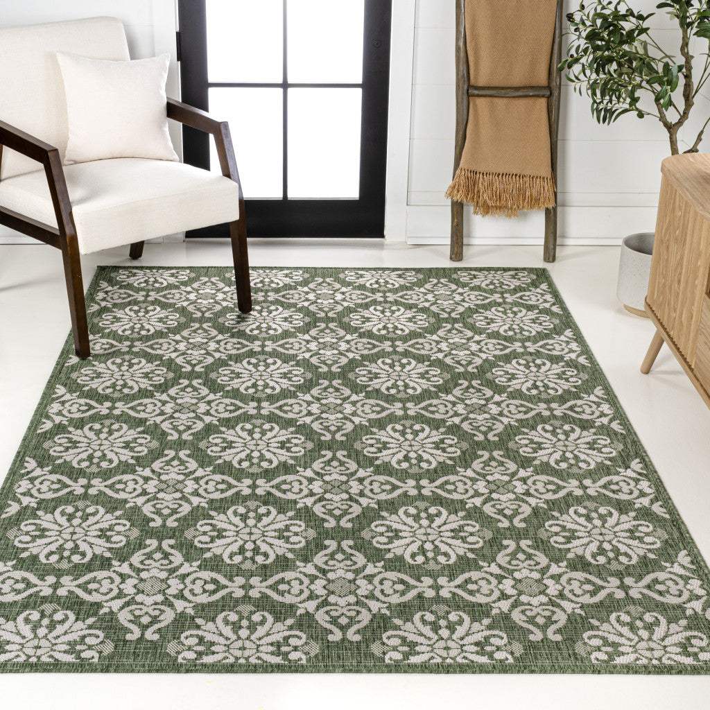 5' X 8' Green And Cream Floral Indoor Outdoor Area Rug - HomeRoots - Flyclothing LLC