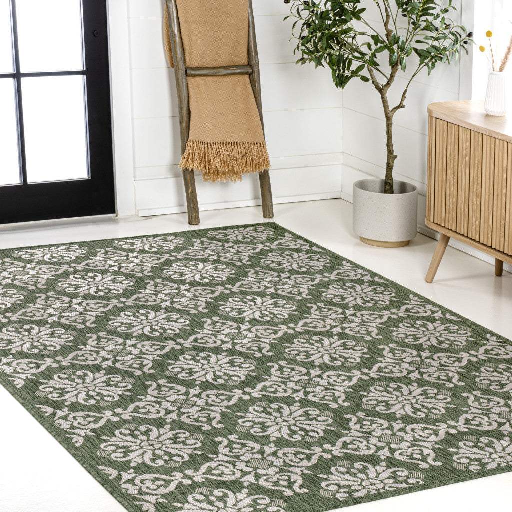 5' X 8' Green And Cream Floral Indoor Outdoor Area Rug - HomeRoots - Flyclothing LLC