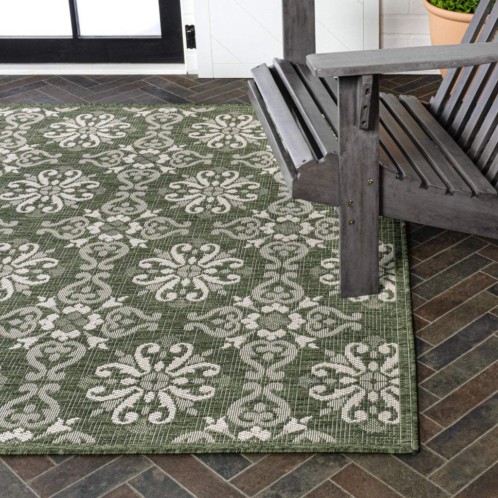 5' X 8' Green And Cream Floral Indoor Outdoor Area Rug - HomeRoots - Flyclothing LLC