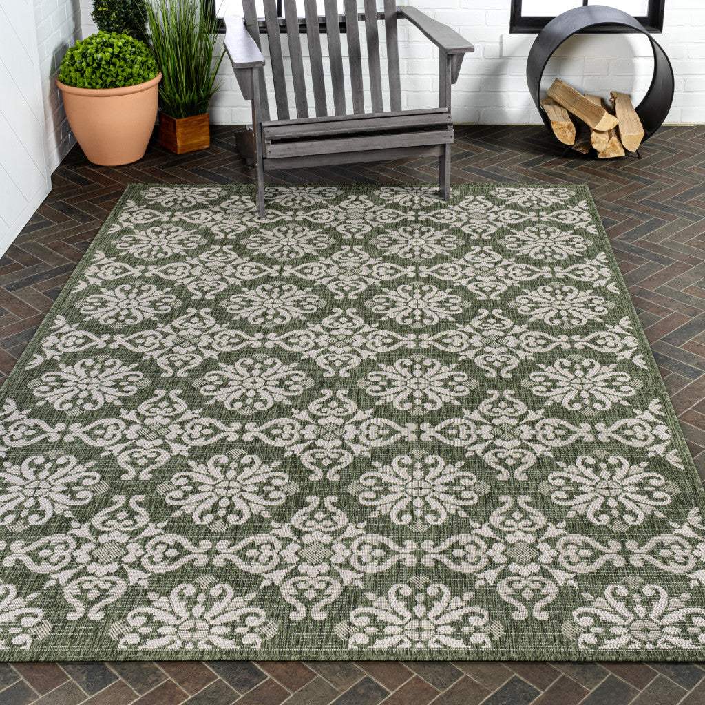 5' X 8' Green And Cream Floral Indoor Outdoor Area Rug - HomeRoots - Flyclothing LLC