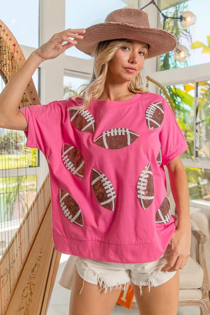 BiBi Game Day Sequins Patched Half Sleeves Top - Trendsi - Flyclothing LLC