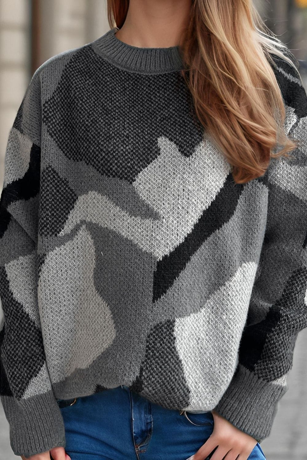 Contrast Round Neck Long Sleeve Sweater - Trendsi