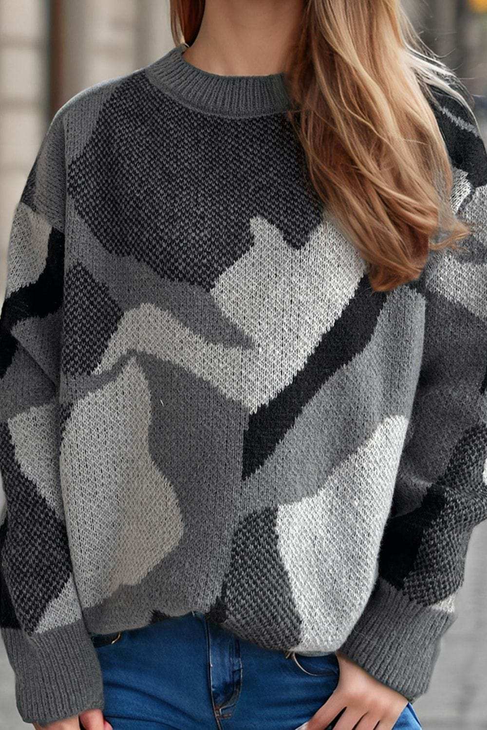 Contrast Round Neck Long Sleeve Sweater - Trendsi - Flyclothing LLC