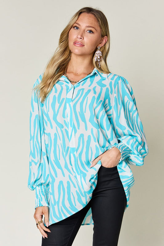 Double Take Full Size Printed Smocked Long Sleeve Blouse - Trendsi