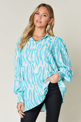 Double Take Full Size Printed Smocked Long Sleeve Blouse - Trendsi