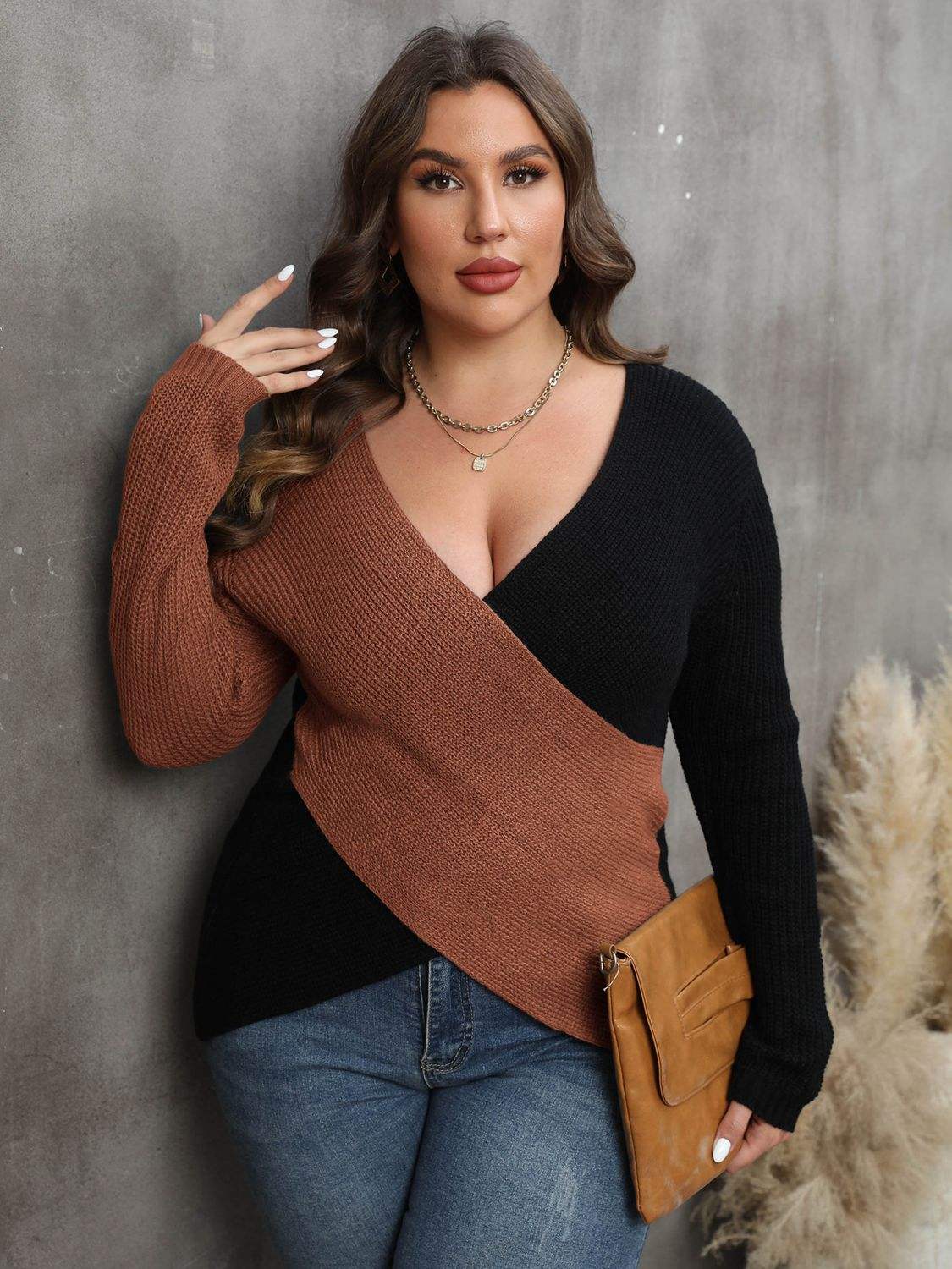 Plus Size Two-Tone Surplice Neck Sweater - Trendsi - Flyclothing LLC