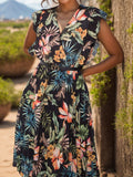 Ruffled Printed Surplice Cap Sleeve Dress - Trendsi
