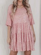 Sequin Round Neck Half Sleeve Mini Dress - Trendsi - Flyclothing LLC