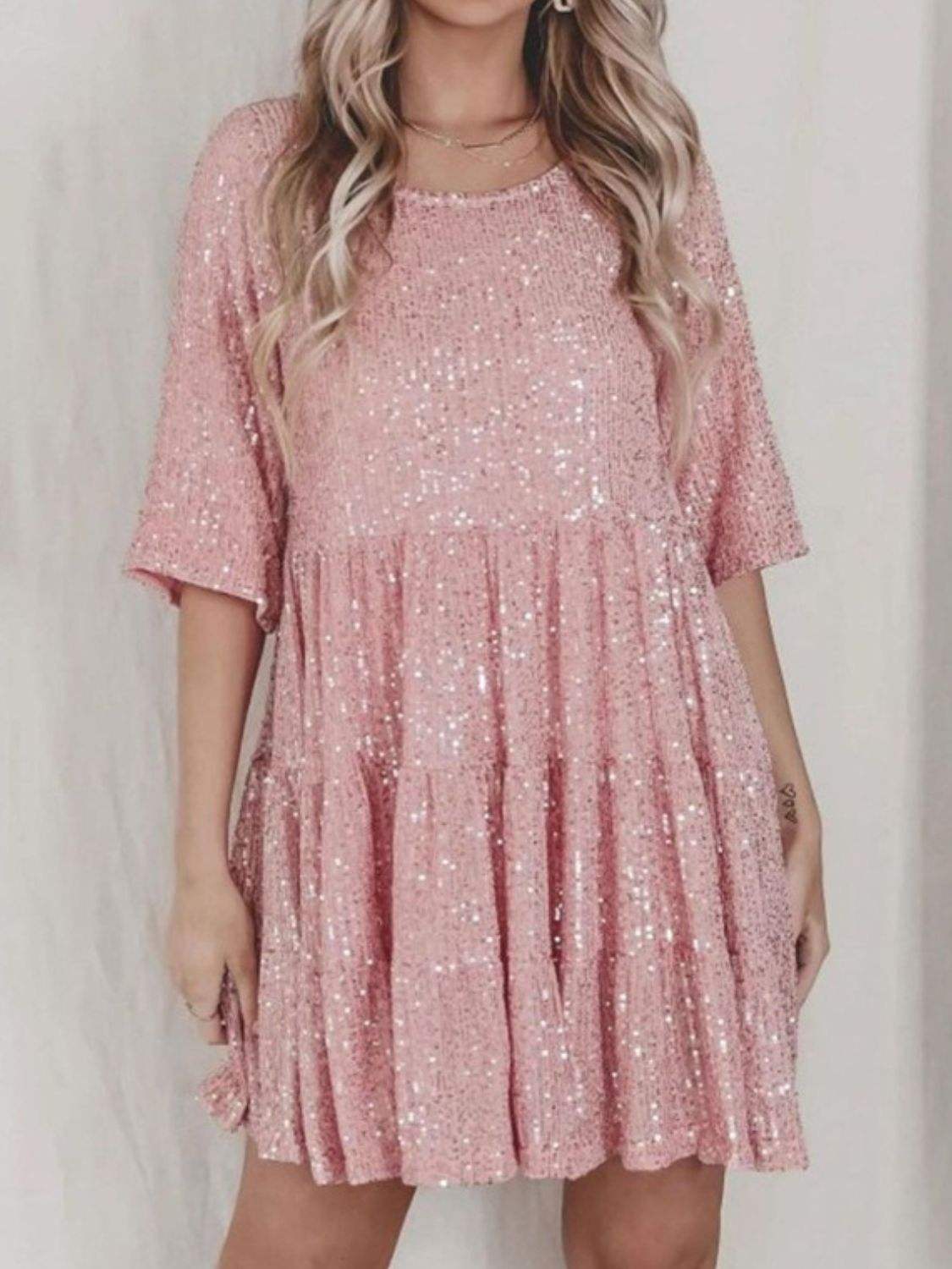 Sequin Round Neck Half Sleeve Mini Dress - Trendsi - Flyclothing LLC