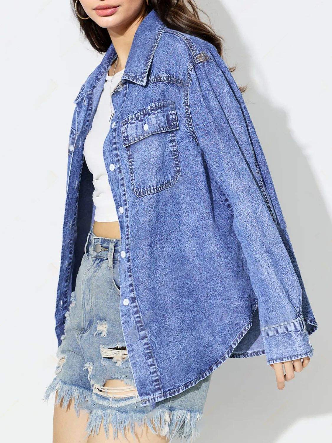 Curved Hem Collared Neck Denim Top - Trendsi - Flyclothing LLC