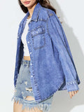 Curved Hem Collared Neck Denim Top - Trendsi - Flyclothing LLC